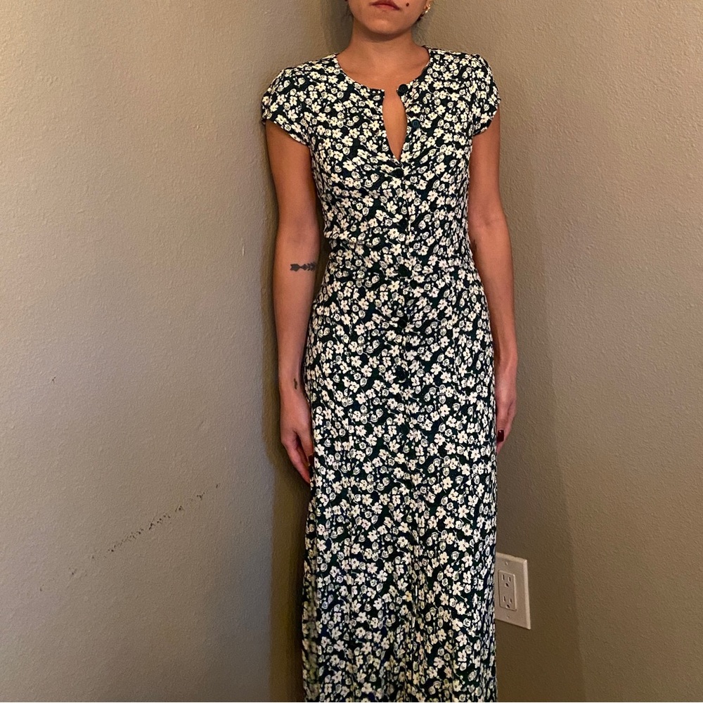 Reformation Green Floral Print Midi Length Dress